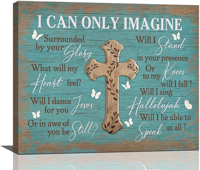 Rustic Christian Cross Wall Art I Can Only Imagine Pictures Farmhouse Butterfly Wall Decor Teal Motivational Canvas Print Painting Artwork for Bathroom Living Room Bedroom 20"x24"