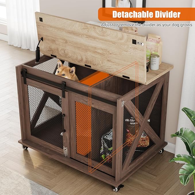 Dog Crate Furniture,37 Inch Indoor Dog Cage with Sliding Barn Door, Flip Top Dog Kennel End Table with Removable Divider, Farmhouse Wooden Pet House for Small to Middle Size Dogs