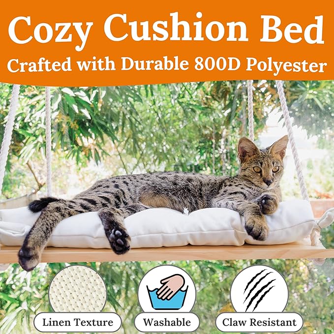 Cat Window Perch for Large Cats - Hammock Bed for Heavy Indoor Cats - Solid Wood Seat, 5 Strong Suction Cups, Soft Cushion - Rustic Shelf for Pets Inside