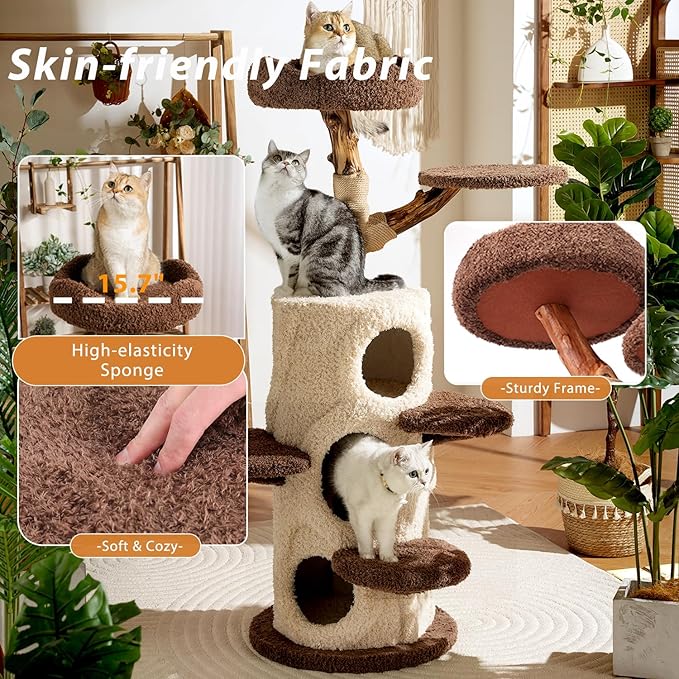 54.7'' Modern Cat Tree for Indoor Cats Large Adult, Wood Cat Tree with 3 Spacious Condos, Luxury Cat Tower with Cozy Perch, Scratching Post, Sturdy Kitty House Furniture for Small Medium Large Cats