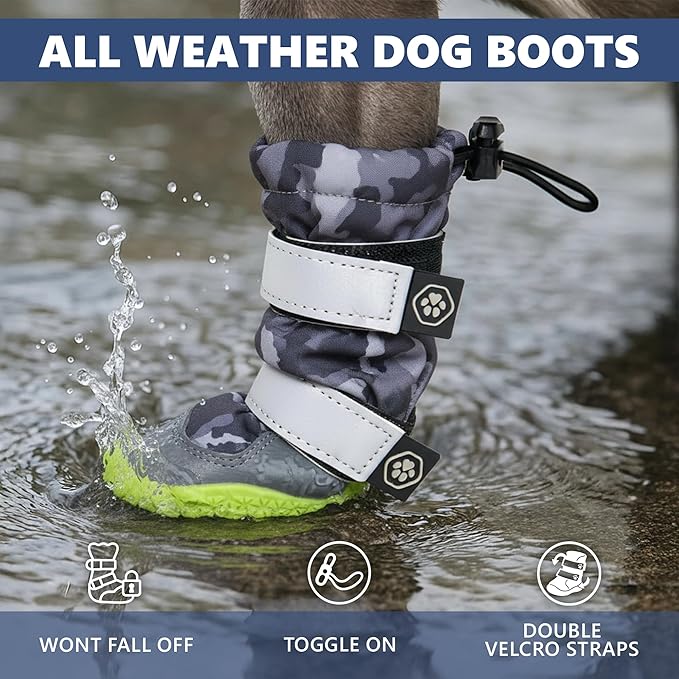 Spark Paws Dog Shoes, Waterproof Dog Boots for Medium to Large Dogs, Non Slip, Breathable Dog Booties and Paw Protectors - 4PCS Doggie Hiking Boots with Reflective Straps, Gray Camo, Size 5