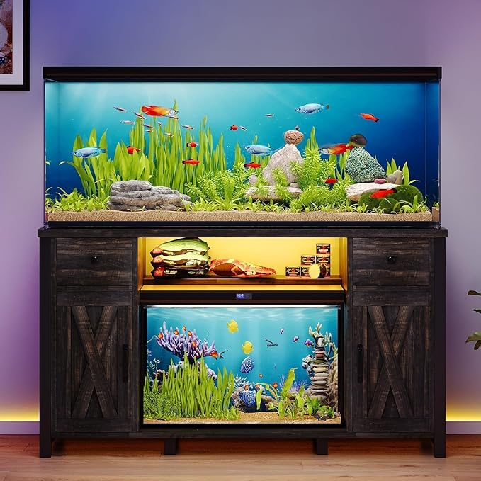 75 Gallon Fish Tank Stand with LED Light & Power Outlets, 55-75 Gallon Heavy Duty Metal Aquarium Stand with Drawers & Barn Doors, Cabinet for 2 Fish Tank Accessories Storage, Dark Oak