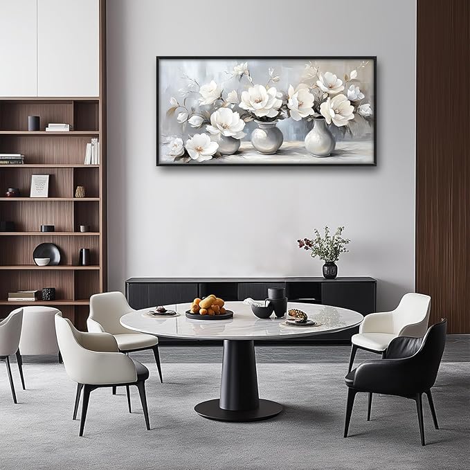 Large Farmhouse Floral Wall Art for Living Room, Framed Oversized White Flower Vase Wall Decor Grey Floral Canvas Painting Pictures Modern Artwork for Bathroom Bedroom Office Dining Room 60"x30"