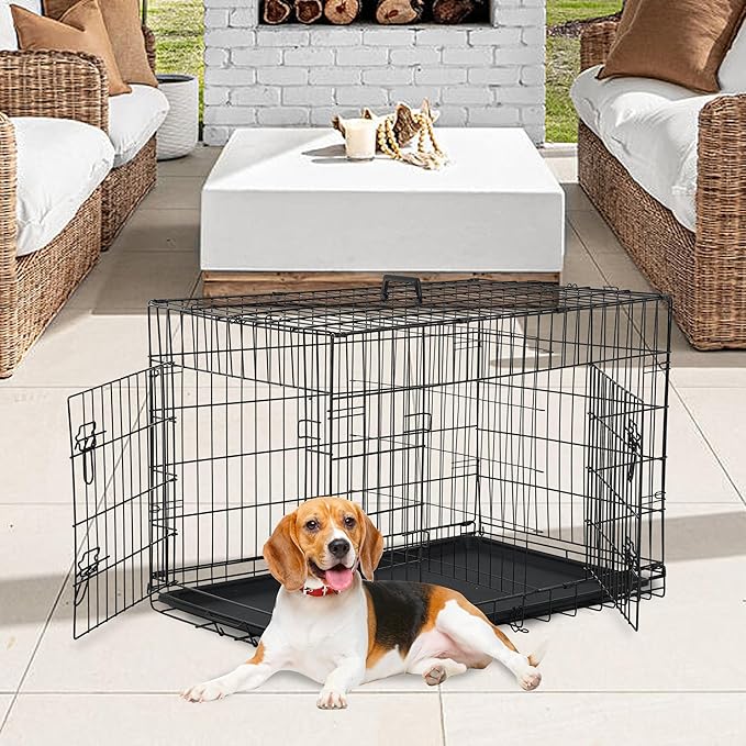 FDW Dog Crate Dog Kennel Cage with Double Door,36 inch Folding Metal Wire Dog Cage with Removable Tray&Divider Panel,Pet Crate for Medium Dogs,Black