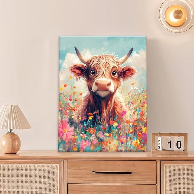 Highland Cow Wall Art Canvas Flower Cattle Wall Decor Prints Framed Painting Animal Pictures Gifts Artwork for Bathroom Living Dining Kitchen 16"x20"