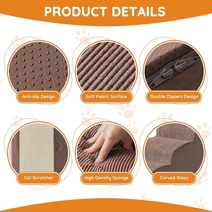 Dogs Steps for Bed, Dog Stairs for Small Dogs, 2-Step Dog Ramp for Bed, Couch, Sofa, and Chairs, Non-Slip Bottom Design, Cat Scratching, High Density Foam Portable Pet Step, Indoor, Coffee