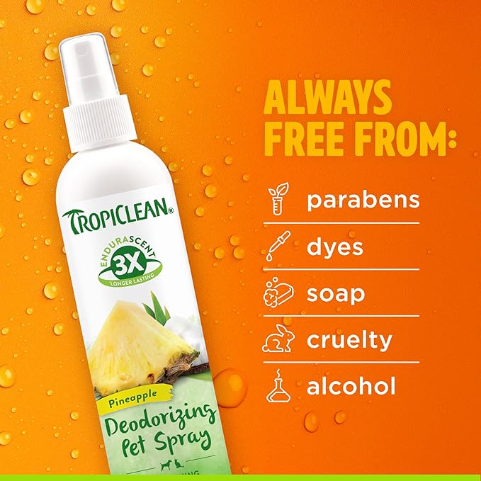 TropiClean Dog Perfume, Long Lasting Pineapple Cologne, Deodorizing Spray for Smelly Dogs, After Bath Detangling Spray, Safe for Cats, 8oz.