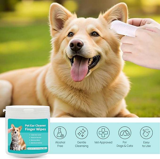 Ear Wipes for Dogs & Cats - Comfortable Finger Design, Gentle Ear Wax, Debris, and Dirt Cleaning | 50-Count Pack
