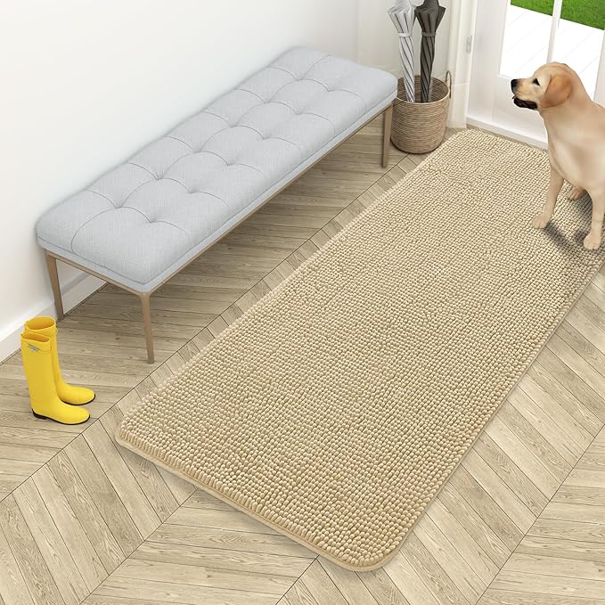 OLANLY Dog Door Mat for Muddy Paws 54x24, Absorbs Moisture and Dirt, Absorbent Non-Slip Washable Doormat, Quick Dry Chenille Mud Mat for Dogs, Entry Indoor Entryway Carpet for Inside Floor, Beige