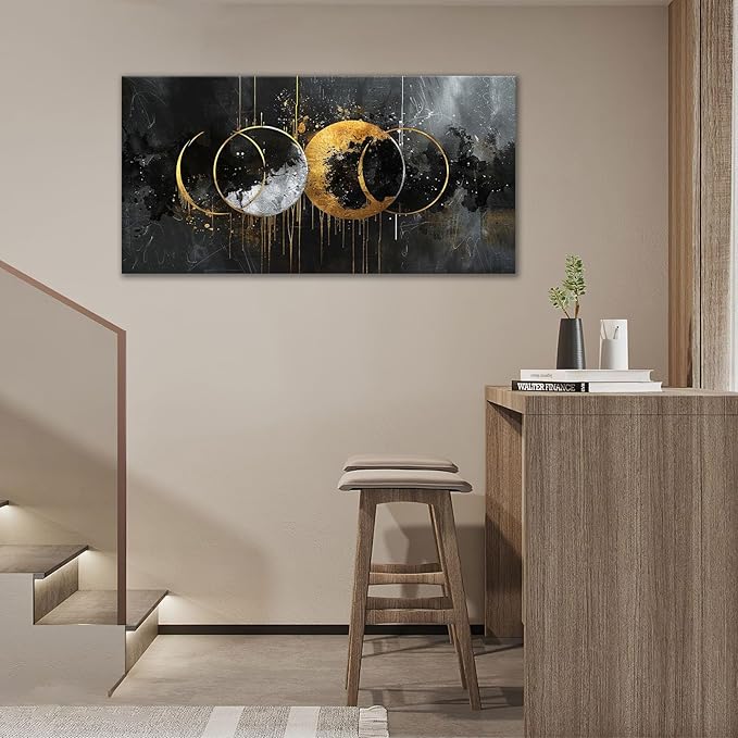 Quorin Abstract Sun Moon Large Wall Art Black and Gold Circle Pictures Sun and Moon Wall Decor Canvas Print Painting Artwork for Bathroom Living Room Bedroom 30"x60"