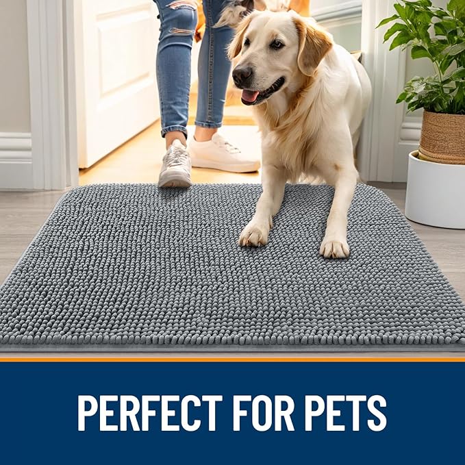 OLANLY Dog Door Mat for Muddy Paws 59x24, Absorbs Moisture and Dirt, Absorbent Non-Slip Washable Doormat, Quick Dry Chenille Mud Mat for Dogs, Entry Indoor Entryway Carpet for Inside Floor, Grey