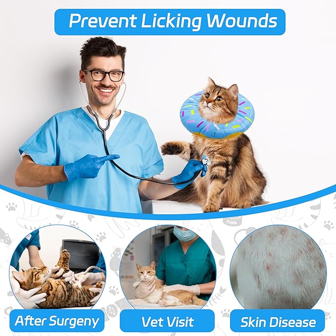 Cat Cone Collar Soft, Adjustable Cat Recovery Collar Spay Cones to Stop Licking, Cute Donut E Collar After Surgery, Anti-Lick Wound Healing Elizabethan Collars for Kittens(Donut Blue, Small)