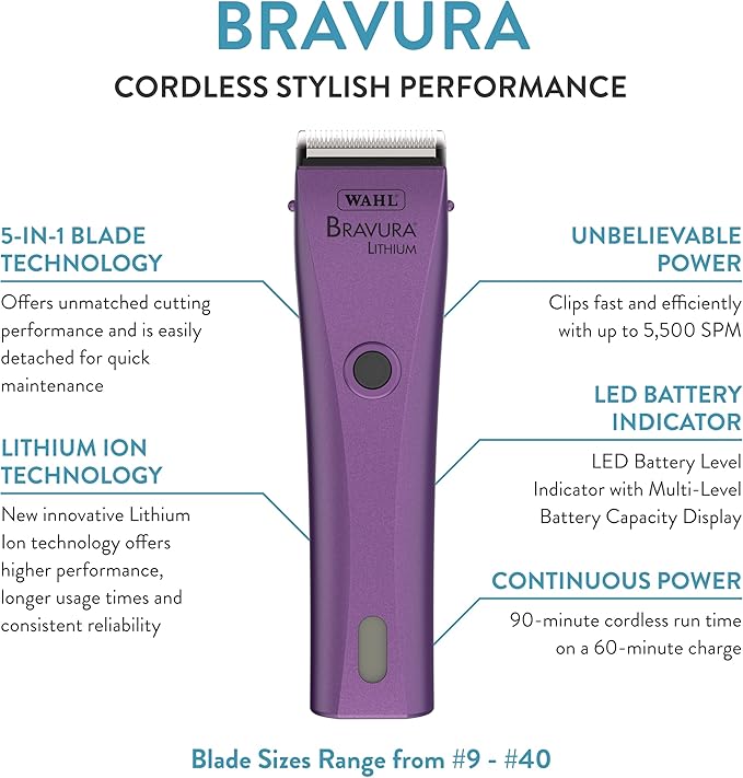 WAHL Professional Animal Bravura Lithium Ion Clipper - Pet, Dog, Cat, and Horse Corded/Cordless Clipper Kit, Purple (41870-0423)