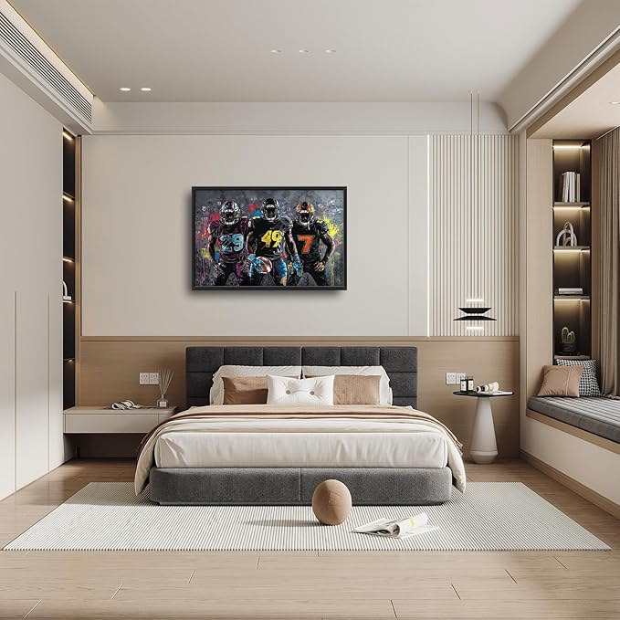 Large Rugby Player Wall Art for Living Room, Framed Oversized Graffiti Sport Wall Decor Cool Canvas Painting Pictures for Men Modern Artwork for Living Room Bathroom Bedroom Office Dining Room 36"x24"