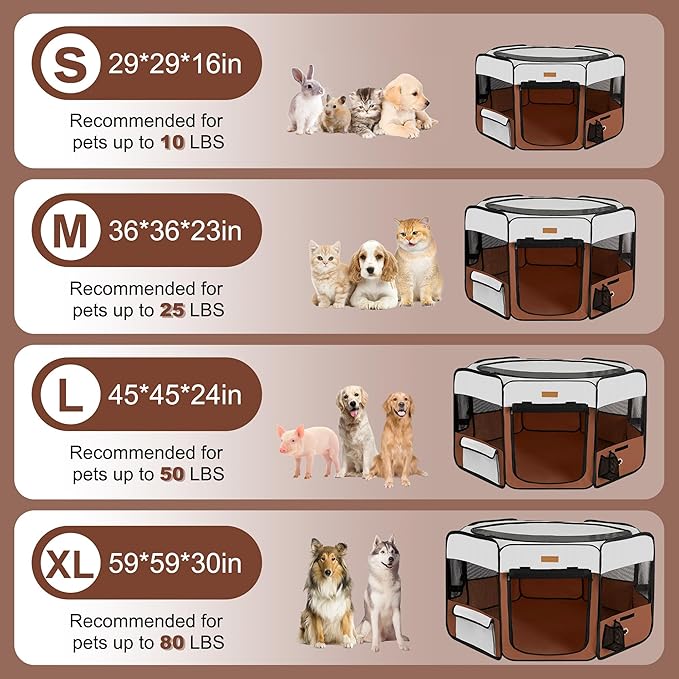 Dog Playpen, Portable Pet Play Pen for Cat, Puppies, Rabbits, Chickens, Foldable Large-Capacity Pet Tent for Indoor/Outdoor Travel Camping Brown