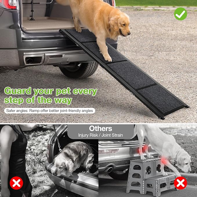 FAHKNS Dog Ramp for Car, 71" x 17" Extra Long Wide Folding Pet Ramp, Non-Slip Rug Surface, Aluminum, Black, Up to 300 LBS