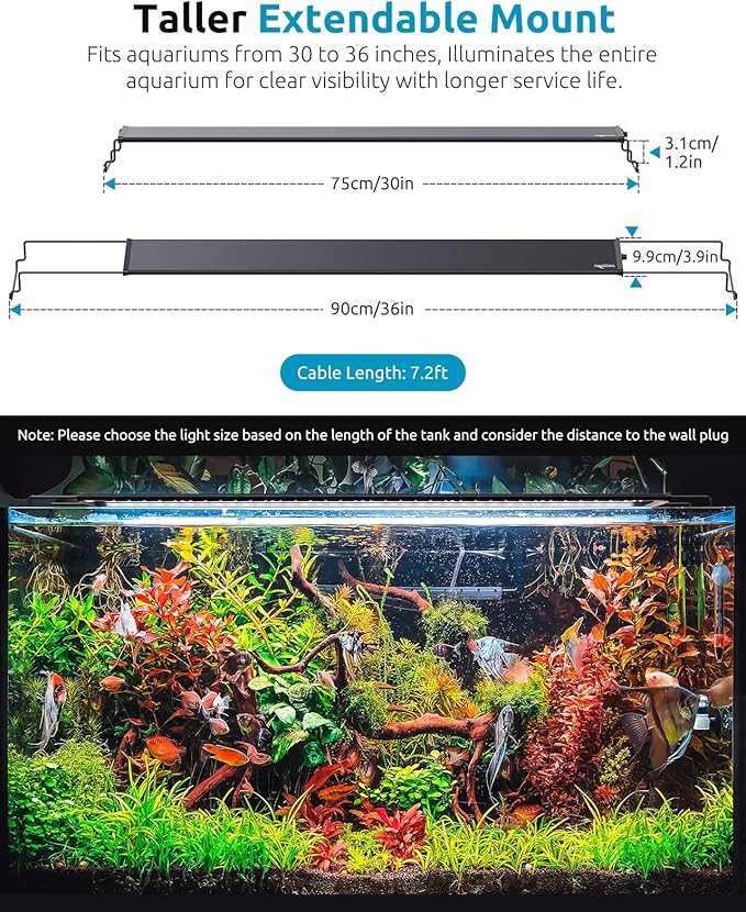 LED Aquarium Plant Light, 24/7 Custom Timer, Power-Off Memory, 7-Row LEDs 30-36in Full Spectrum Fish Tank Lights, 8 Colors, 20 Brightness, Day & Night Cycle, Adjustable Mount for Freshwater