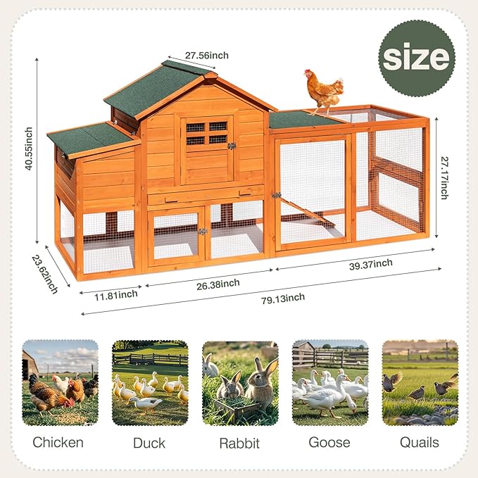 Chicken Coop for 4-6 Chickens Outdoor Wooden Hen House Poultry Pet Hutch for Backyard w/Run Cage & Nesting Box