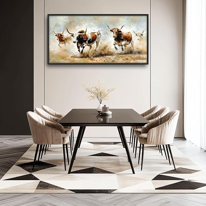 Highland Cow Large Wall Art Wild Animal Running Pictures Farmhouse Rustic Longhorn Wall Decor Canvas Print Painting Artwork for Bathroom Living Room Bedroom 60L" x 30W"