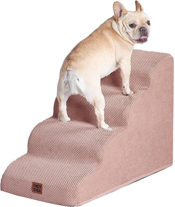 EHEYCIGA Curved Dog Stairs Ramp for High Beds 19.7" H, 4-Step Dog Steps for Small Dogs and Cats, Pet Stairs for High Bed Climbing, Non-Slip Balanced Pet Step Indoor, Dusty Pink