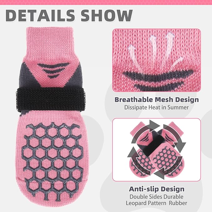 KOOLTAIL Dog Socks for Hot Pavement, Summer Breathable Dog Socks to Prevent Licking Paws, Non Slip Pet Boots & Paw Protectors for Hardwood Floor,Grippy Shoes for Small Medium Large Senior Dogs,Pink L