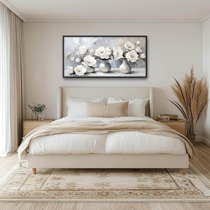 Large Farmhouse Floral Wall Art for Living Room, Framed Oversized White Flower Vase Wall Decor Grey Floral Canvas Painting Pictures Modern Artwork for Bathroom Bedroom Office Dining Room 60"x30"