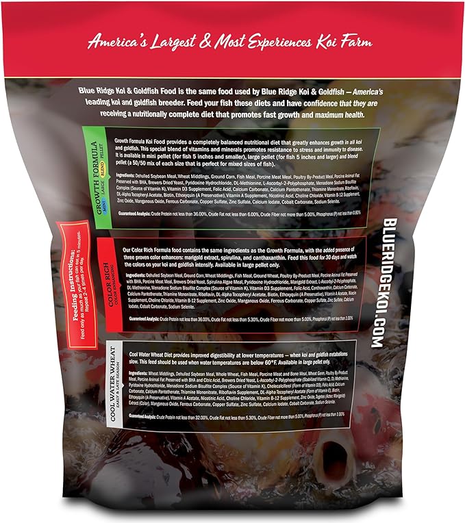 Blue Ridge Koi Fish Food 5lb - Koi Food 3/16” Large and Mini Blend Growth Formula, Goldfish Food, Premium Fish Food for Ponds, Ponds Fish Food, Floating Pond Pellets