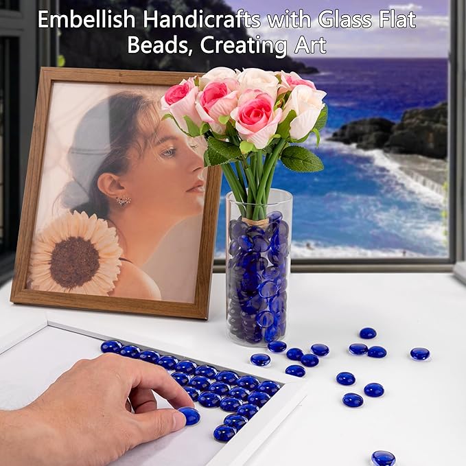 Blue Glass Marbles, 0.97 LB Transparent and Smooth Flat Glass Beads for Vases, Mosaic Gem Pebbles for Aquarium Decor, Floral Arrangements, Mancala Stones, Vase Filler and Crafts (Approx. 80-100 PCS)