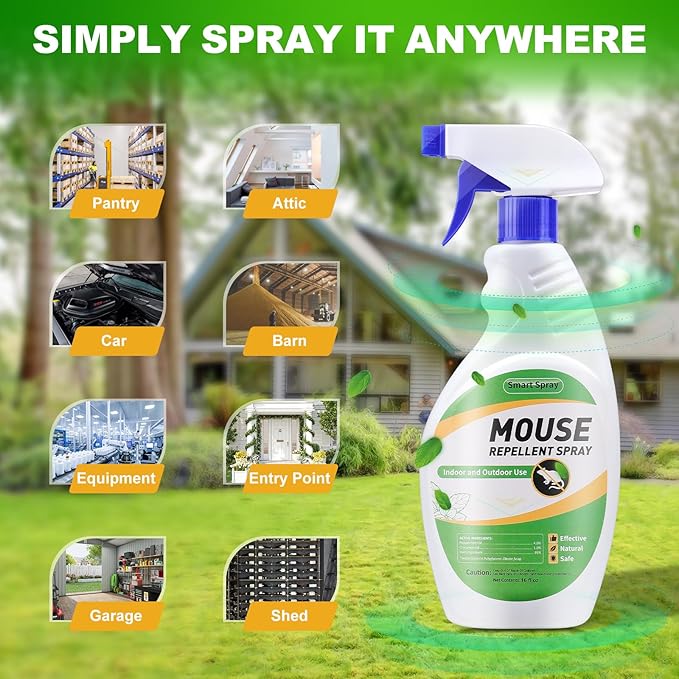 Mouse and Insect Repellent Spray, Peppermint Oil Repellent Spray for Indoor and Outdoor Mouse and Rodent Prevention, 16 OZ