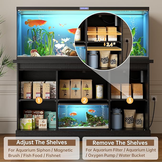 55-75 Gallon Fish Tank Stand with Sliding Barn Doors & Power Outlet, Heavy Duty Aquarium Stand with Cabinet Storage for Fish Tank, Turtle Tank, Reptile Terrarium, 1000LBS Capacity, Black