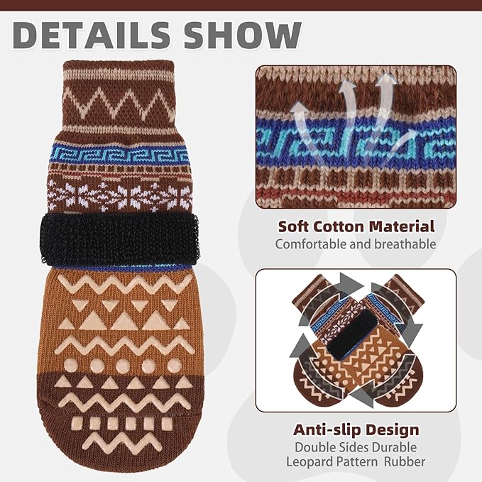 KOOLTAIL Dog Socks to Prevent Licking Paws for Hardwood Floors Anti Slip, Winter Warm Pet Boots&Paw Protector with Grippers, Double Sides Dog Shoes Booties for Small Medium Large Senior Dogs Khaki XL