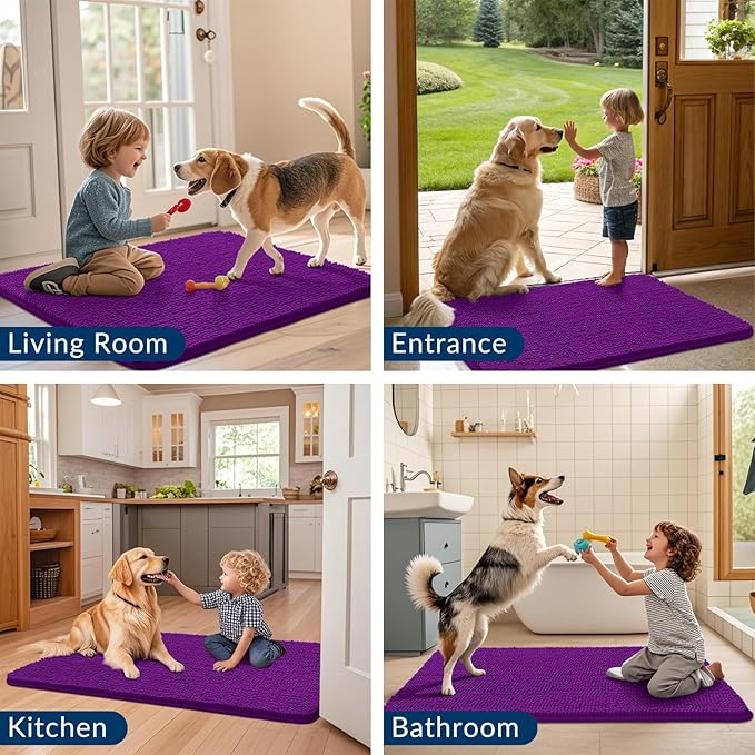 Smiry Dog Door Mat for Muddy Paws 36x24, Absorbs Moisture and Dirt Doormat, Non-Slip Washable Quick Dry Chenille Front Door Mat Indoor Entrance, Entryway Carpet for Inside Floor, Purple