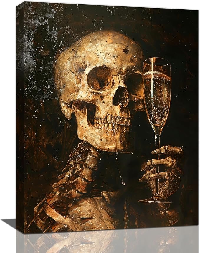 Quorin Gothic Skeleton Wall Art Goth Skull Champagne Wall Decor Dark Academia Pictures Horror Canvas Print Painting Artwork for Bathroom Living Room Bedroom 12"x16"