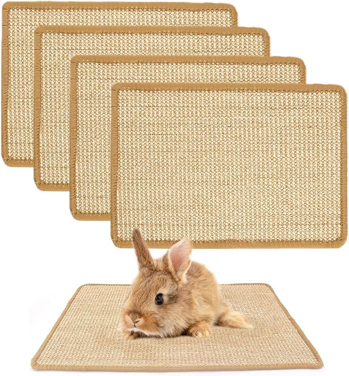 PODOO Bunny Scratch Pads, Sisal Rabbit Scratching Pad, Natural Rabbit Resting Mats for Cages, Forage Grass Mat Indoor Essentials Accessories for Guinea Pig Cat (4Pcs, 23.6 x 15.7 inches)