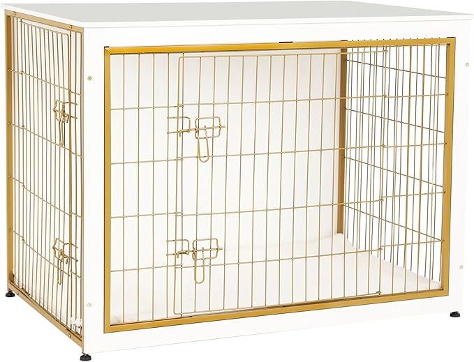 DWANTON Dog Crate Furniture with Cushion, Wooden Kennel Table with Double Doors, Indoor Dog House, Extra Large Size, 43.3" L, White+Gold