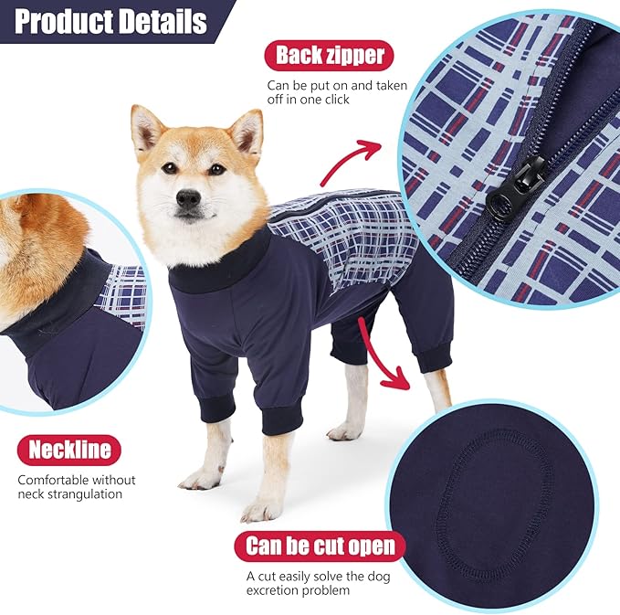 Dog Recovery Suit, Abdominal Wound After Surgery Wear, Anti Licking Bodysuit with Zipper, E-Collar & Cone Alternatives, Plaid Dog Spay Surgical Shirt Prevent Shedding(3XL, Blue)