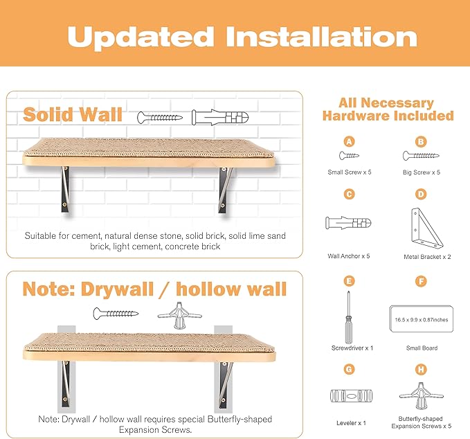 Cat Floating Wall Shelf with Scratching Mat, 1PC 9.7X16.6 Inch Large 1 Inch Thick Wood Cat Window Perches Hanging Shelves Wall Mounted Beds for Sleeping, Playing, Climbing, Support to 30 LBS