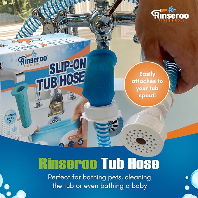 Rinseroo: Slip-On Tub Hose – As Seen on Shark Tank – 5ft Flex Bathtub Faucet Sprayer – Easy Rinse for Pets, Hair & Cleaning – No Installation Needed – Fits Faucets Up to 3” Wide – Mess-Free & Portable