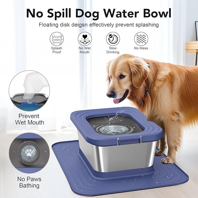 Decflow 10L Stainless Steel Dog Water Bowl, No Spill Anti-Splash Dog Bowls with XXL Silicone Mat, Spill-Proof Slow Feeder for Messy Drinkers, Heavy Duty Pet Bowls for Indoor/Outdoor Use Blue