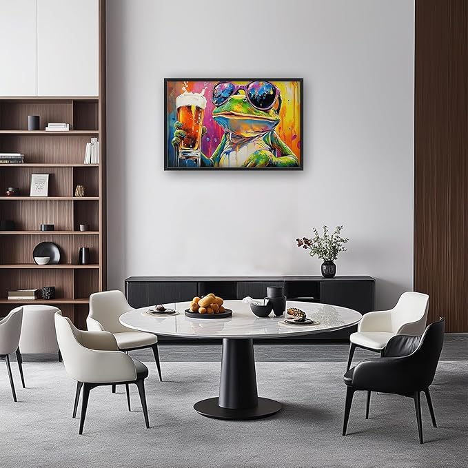 Large Graffiti Frog Wall Art for Living Room, Framed Oversized Funny Frog Beer Wall Decor Colorful Animal Canvas Painting Modern Artwork for Bathroom Bedroom Office Dining Room 36"x24"