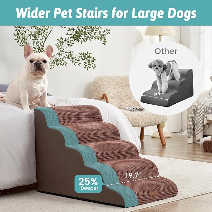 Extra Wide Dog Stairs 19.7" Width, Large Pet Step for Small Medium Dog, Puppy or Cat, Ramp for High Bed or Car, High Density Foam Ladder, Stable, 5 Step, 19.7x33x22.4 inch, Brown