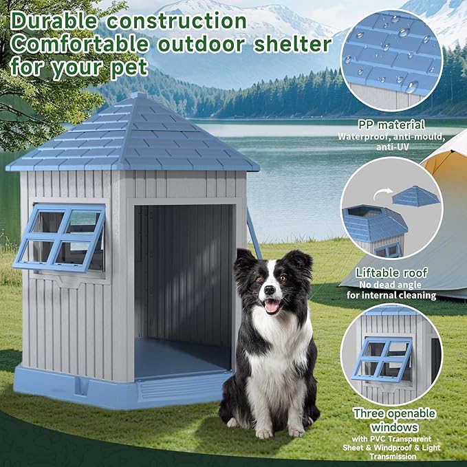 DRATO Dog House Indoor Outdoor Durable Large Dog Shelter with Outside Dog Kennel with Window and Elevated Floor for Small Medium Dogs (Blue, by)