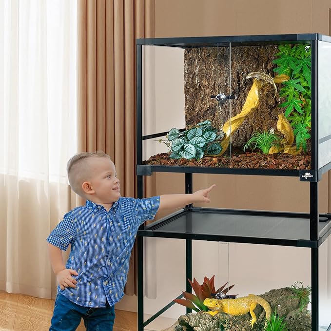 Double Stacked Reptile Tank, 24" x 18" x 44" Tall Reptiles Terrarium, Front Opening, Full Vision, Knock Down, 2 Pack 34 Gallon Glass Cage for Reptile, Bearded Dragon, Lizard, Snake, Gecko