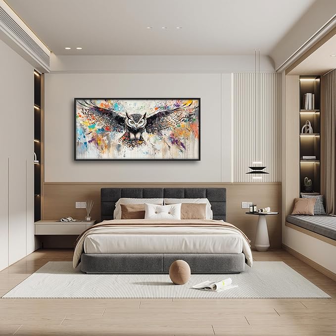 Large Owl Wall Art for Living Room, Framed Oversized Banksy Owl Wall Decor Colorful Wildlife Canvas Painting Animal Pictures Modern Artwork for Living Room Bathroom Bedroom Office Dining Room 60"x30"