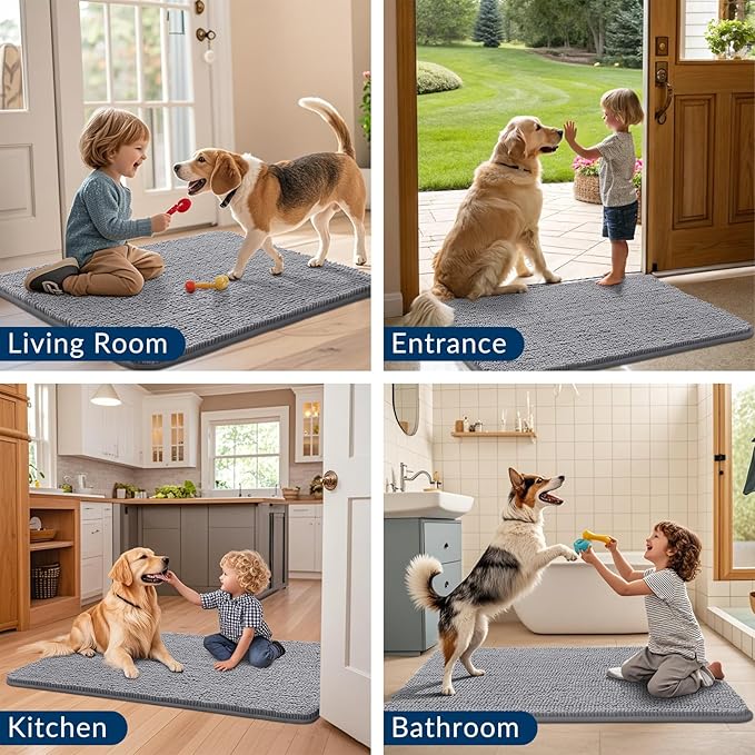 Smiry Dog Door Mat for Muddy Paws 70x35, Absorbs Moisture and Dirt Doormat, Non-Slip Washable Quick Dry Chenille Front Door Mat Indoor Entrance, Entryway Carpet for Inside Floor, Grey