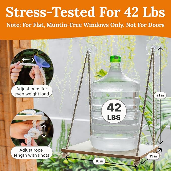 Cat Window Perch - Hammock Bed for Cats Inside - Solid Wood Seat, 4 Strong Suction Cups, Soft Cushion - Rustic Indoor Pet Shelf