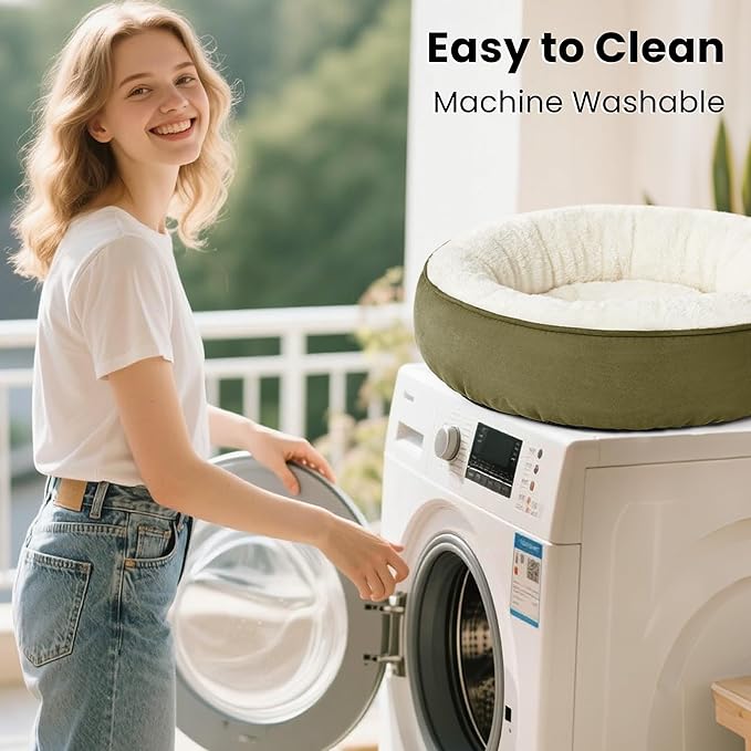 Love's cabin Round Donut Cat and Dog Cushion Bed, 20in Pet Bed For Cats or Small Dogs, Anti-Slip & Water-Resistant Bottom, Super Soft Durable Fabric Pet beds, Washable Luxury Cat & Dog Bed Olive Green