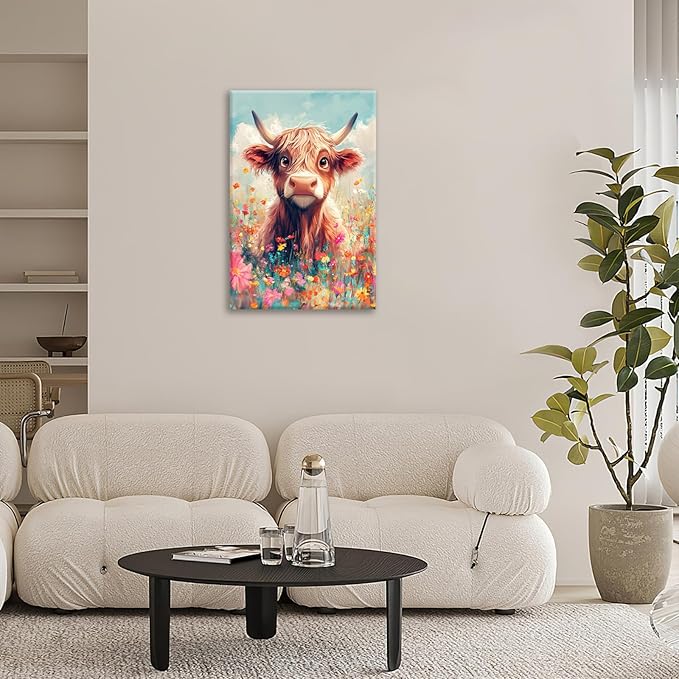 Highland Cow Wall Art Canvas Flower Cattle Wall Decor Prints Framed Painting Animal Pictures Gifts Artwork for Bathroom Living Dining Kitchen 16"x24"