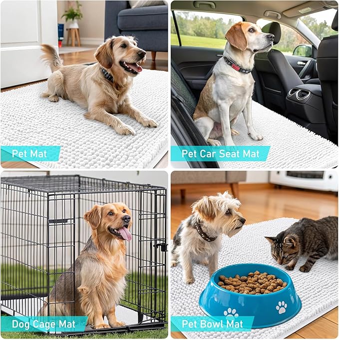 OLANLY Dog Door Mat for Muddy Paws 30x20, Absorbs Moisture and Dirt, Absorbent Non-Slip Washable Doormat, Quick Dry Chenille Mud Mat for Dogs, Entry Indoor Entryway Carpet for Inside Floor, White