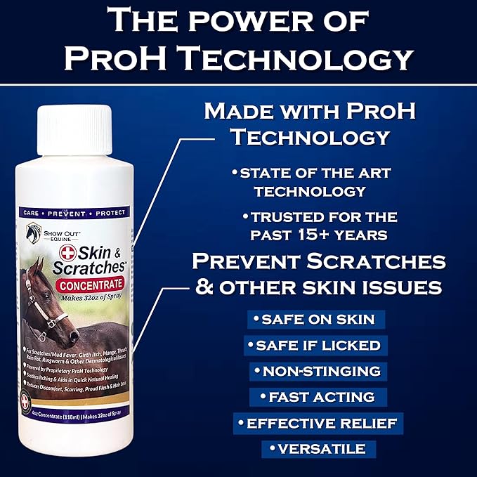 Show Out Skin & Scratches 4 oz Concentrate - Fast Relief and Prevention for Horse Care. Use on Equine Scratches/Mud Fever, Girth Itch, Mange, Thrush, Rain Rot, Ringworm, etc w/Empty Spray Bottle